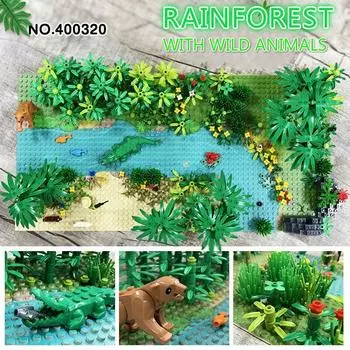 Base Plates Tropical Rainforest Green Grass Jungle Bush Flower Tree Plants Building Blocks Animal Dinsaous MOC Kids Toy Gift