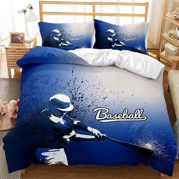 Baseball Bed Three-Piece Quilt Cover 3D Digital Printing Bed Sheet AU Single 140 * 210cm Two piece set (90g)