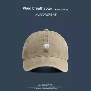 Baseball Cap Summer Sun Protection Retro Washed Sun Hat Student Easiest for Match Breathable Korean Style Trendy Polar Bear Peaked Cap C2203 Washed Bear Baseball Cap Khakis M(56-58cm)