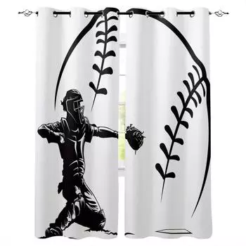 Бейсбол Кэтчер Бейсболист Черно-белые Плотные Шторы Для Кухни Спальни Детской Комнаты Оконные Шторы Для Гостиной W135 x H60cm