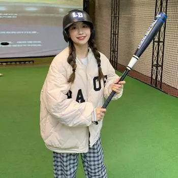 Baseball jacket Women s winter thickened cotton-padded jacket Japanese 2024 new letter student long-sleeved zipper cotton-padded jacket S чёрный