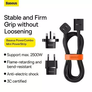 Baseus PowerCombo mini PowerStrip 1AC со шнуром питания длиной 1,0 м (США, черный), включая адаптеры для вилок ЕС и Великобритании