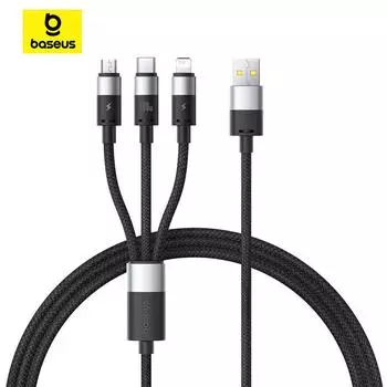 Baseus StarSpeed 3 en 1 Кабель для быстрой зарядки 100 Вт, USB-A на M+L+C, для iPhone, Xiaomi, Samsung, ноутбука, планшета чёрный