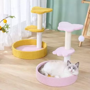 Башня-бабочка для кошек с когтеточкой. Две платформы для кошек. Плюшевая жердочка. Уютные платформы. Уникальная кошачья когтеточка для дома. Yellow