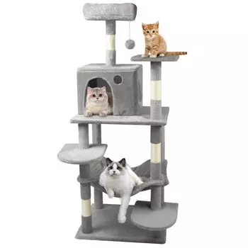 Башня для кошек для больших и худых кошек. Стационарная установка для наблюдения за кошками. Устраняет недостаток естественной конопли. Легко разместить. Высота 145 см. Кошки, башня, - большая, серый