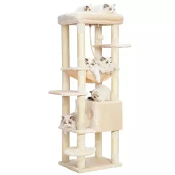 Башня Heybly для кошек, большая, многофункциональная, ультра-пространственная, легко подходящая для кошек, большая высота заточки когтей, бежевый HCT050M, кошки, тонкие, экономия, бежевый