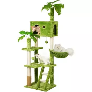 Башня Meecal для кошек больших размеров с возможностью многократной загрузки для кошек, заточка когтей для больших кошек, защита от падений, помпоны для наблюдения за кошками из натуральной конопли зелёный