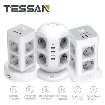 Башня с несколькими розетками TESSAN с 3/4 портами USB, удлинительный кабель 2 м, вертикальная вилка, электрическая розетка, защита от перенапряжения для дома 8 Outlet&4 USB Ports серый