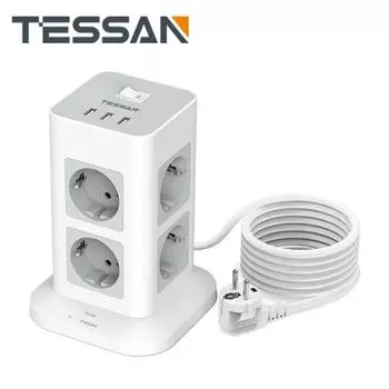 Башня удлинителя TESSAN с несколькими розетками, розетками 3/8, 3 портами USB, распределительной розеткой, удлинителем 1,5 м/2 м и выключателем включения/выключения 8 Outlets & 3 USB Ports серый