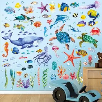 BASHOM Under the Sea Наклейки на стену Деко Детский сад Детская комната DIY Наклейка на стену Наклейка на стену Наклейка на стену для мальчиков Девочек Подростков Детская ванная комната