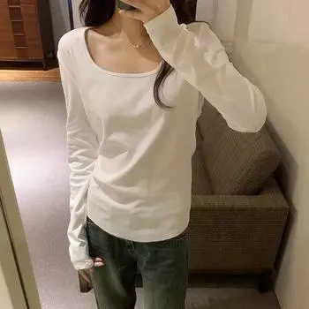 Basic French square collar long-sleeved white T-shirt for women in autumn and winter new versatile loose casual bottoming top S