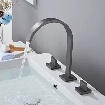 Basin Faucet Gun Grey Sink Tap Gold Square Brass Faucet Bathroom Sink Faucet 3 Hole Double Handle Hot And Cold Water Tap