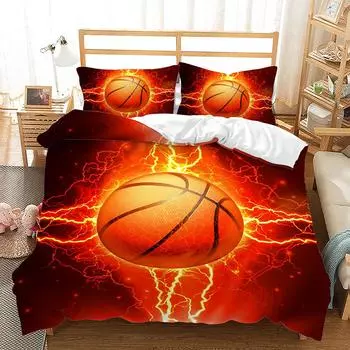 Basketball Duvet Cover Set Cool Orange Lightning Background Bedding Set King Queen Size for Boys Teens Polyester Comforter Cover 70x133cm 2pcs
