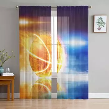 Basketball Fire Gradient Reflection Flare Sheer Curtains Living Room Window Tulle Curtain Bedroom Veiling Curtains Luxury Drapes W135 x H114cm