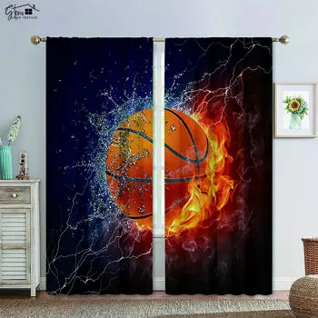 Basketball Football in Water and Fire Black Print Curtain Rod Pocket Machine Washable Bedroom Living Room Decorative Curtains W50xH130(CM)x2PCS&Grommet Top