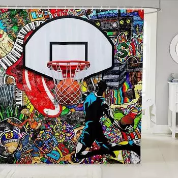 Basketball Shower Curtain Sports Graffiti Silhouette of An Athlete Slam Dunking Basketball Hippie Birthday Gift Bathroom Curtain W90xH180cm