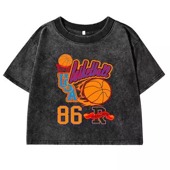 Basketball Usa 86 Letter Prints Washed Women T-Shirt Fashion Cotton Tee Shirts Street Short Sleeve All-Match T Shirt M