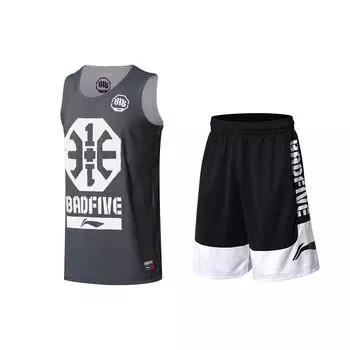Баскетбольная серия Li Ning Bad Five, свободная майка с буквенным принтом и шорты, повседневный спортивный комплект для мужчин, серый, черный AAYP343-1+AAPR359-1 M
