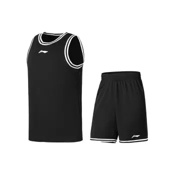 Баскетбольная серия Li Ning, безрукавный жилет с графическим принтом и эластичные шорты со средней талией, повседневный спортивный комплект для мужчин, черный, черно-белый AATU047-3 S