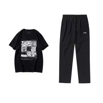 Баскетбольная серия Li Ning Пуловер с круглым вырезом и короткими рукавами Легкий на кулиске Быстросохнущие длинные брюки Повседневный спортивный костюм AHSUA27-2+AYKU703-1 S