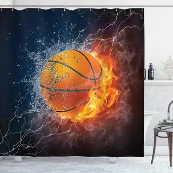 Баскетбольная занавеска для душа Баскетбольный мяч в огне и брызгах воды Дизайнерские шторы для ванной Полиэстеровые шторы с крючками W90xH180cm