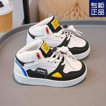 Баскетбольные кроссовки с высоким верхом для детей маленького и среднего размера, весна и осень 2025 года, новые детские спортивные кроссовки для мальчиков и девочек, повседневная мягкая подошва 21 (inner length 14.5CM) чёрный