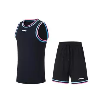 Баскетбольный комплект Li Ning Sports с логотипом и принтом в виде влагоотводящего баскетбольного комплекта для соревнований, мужская спортивная одежда, черный, розовый, синий, AATT001-15 M