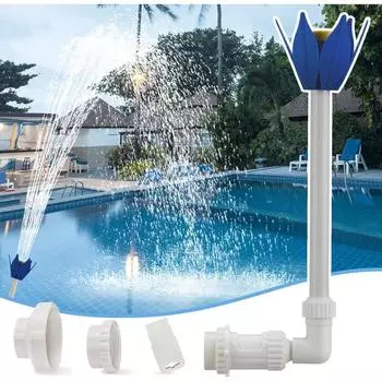 Бассейн с водопадом, фонтаном, разбрызгивателем воды, над встроенным в землю бассейном, украшением пруда