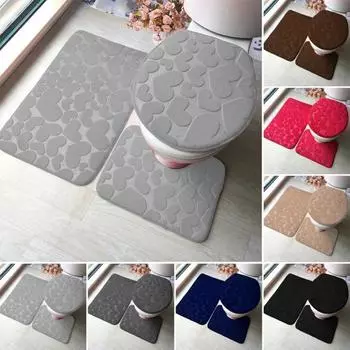 Коврик для ванной, набор из 3 предметов, впитывающий, нескользящий, с тиснением в виде сердечек, U-образный контур чёрный