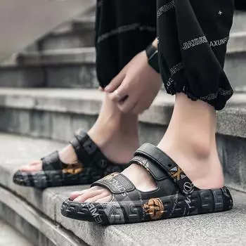 Bathroom Anti-Slip Sandals Men s Casual Thick Soled Soft Printing Slides Beach Flat Sandals Platform House Sport Sandalies 36-37 чёрный