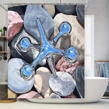 Bathroom Decor Shower Curtain Waterproof Fabric Print Waterfall Stones Home Decoration Modern Blue Chrome Plating 3D Printing Ba 90x180cm