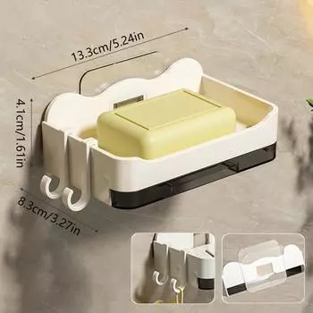 Bathroom Soap Dishes Free-Punching Wall Mounted Sticker Soap Sponge Holder Organizer Double Drainage Dish With Hooks Accessories белый