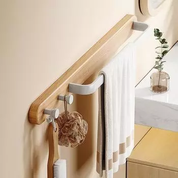 Bathroom Towel Bar with 2 Hooks Wood White Black Aluminum Wall Mount Kitchen Bathroom Towel Holder Storage Organizer Hang Shelf