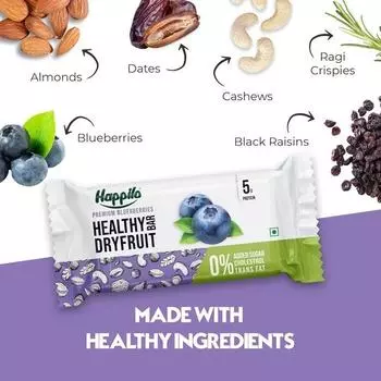 Батончик из сухофруктов Happilo Premium Blueberries Healthy 35 г, полезный перекус, орехи с высоким содержанием белка, без добавления сахара