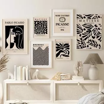 Bauhaus Black Beige Abstract Canvas Wall Art Picasso Matisse Inspired Trendy Poster for Living Room Home Decor 21cm30cm NoFrame