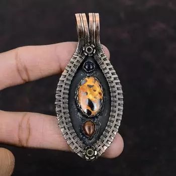 Bauxite Pendant Mahogany Obsidian And Blue Sunstone Pendant Copper Wire Wrapped Gemstone Jewelry Handmade Pendant Designer Pendant For Gift