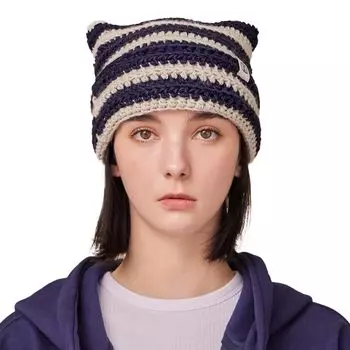 Bazaar Direct Square Label Stripe Crochet Beanie Label Stripe Crochet Beanie Navy All 4 Colors Unisex Hat Cap Bakeha Korean Straight Korean Brand тёмно-синий