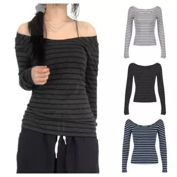 Базовая футболка с длинным рукавом, круглым вырезом, открытыми плечами, простые рубашки с низом, женские, Y2k, женские M темно-серого