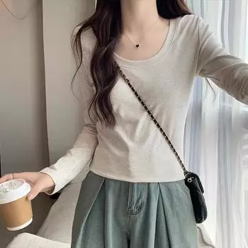 Базовая футболка с длинным рукавом на правом плече для женщин, новый осенний стиль, большой вырез, открытая ключица, нижняя часть рубашки, облегающий крой, топ из чистого хлопка S