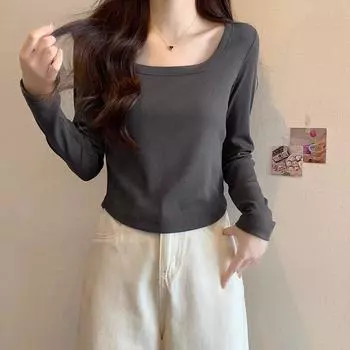 Базовая футболка с правым плечом, тонкая, узкая, женская, осенняя, новинка, горячая, для девушек, облегающая талию, короткая, с длинными рукавами, модная S