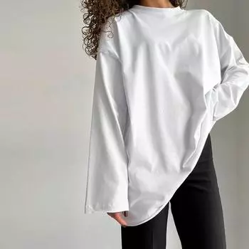 Базовая хлопковая футболка с круглым вырезом, женская свободная, объемная, с длинным рукавом, модная, повседневная, топы на весну и осень S белый