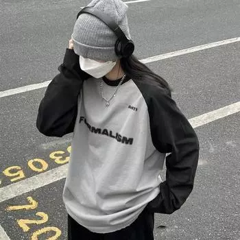 Базовая хлопковая серая футболка с длинными рукавами в стиле Харадзюку, винтажная уличная одежда, свободная лоскутная футболка большого размера, корейский топ, осень 2023 M серый