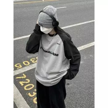 Базовая хлопковая серая футболка с длинными рукавами в стиле Харадзюку, винтажная уличная одежда, свободная лоскутная футболка большого размера, корейский топ, осень 2023 M серый