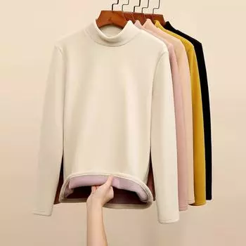 Базовая рубашка для женщин на осень и зиму. Удобная теплая эластичная базовая рубашка с полувысоким воротом. M чёрный