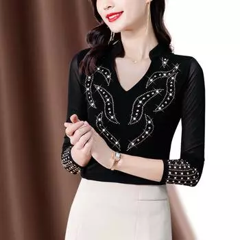 Базовая рубашка для женщин с длинными рукавами, ранняя весна, новая модная хлопковая футболка Red Hot Diamond M чёрный