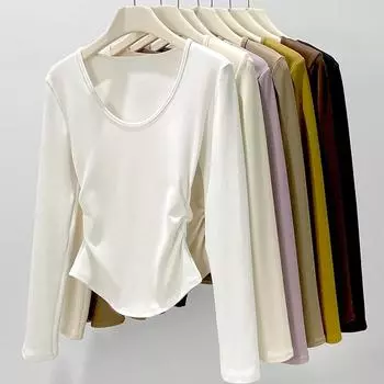 Базовая рубашка из кокосового бархата с большим U-образным вырезом, осенне-зимняя чесаная шерсть, футболка с длинными рукавами, облегающее боди с завязкой на талии и плиссированный топ S чёрный