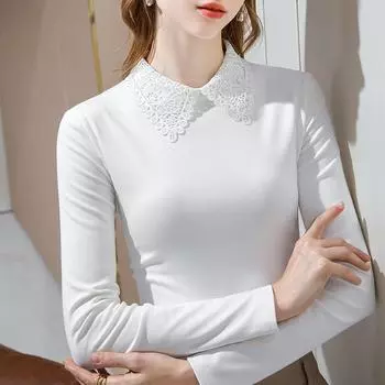 Базовая рубашка с ажурными кружевными лацканами для женщин на осень и зиму, хлопковая футболка с длинными рукавами, модная маленькая рубашка, облегающая базовая рубашка S белый