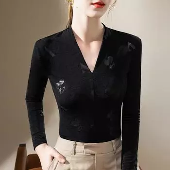 Базовая рубашка с длинными рукавами для женщин, новая женская футболка с принтом и V-образным вырезом, нижнее белье, топ на талии S чёрный