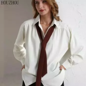 Базовая рубашка с галстуком Весенняя нишевая дизайнерская рубашка Повседневная свободная студенческая блузка с длинным рукавом и отложным воротником S бежевый