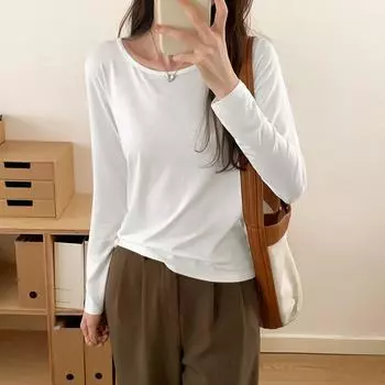 Базовая рубашка с круглым вырезом для женщин, осень, новая облегающая футболка с длинными рукавами, однотонный универсальный топ S